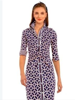 Gretchen Scott Geometric Print Navy and White Button-Front Women’s Shirt Dress